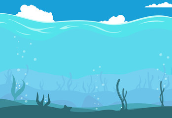 Underwater cartoon seascape.  Background with seaweeds and corals silhouettes. Ocean deep