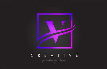 V Purple Violet Letter Logo Design with Square Swoosh Border and Creative Icon Design.