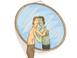 Illustration of a man in the mirror in love with himself in a self-sexual attitude