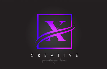 X Purple Violet Letter Logo Design with Square Swoosh Border and Creative Icon Design.