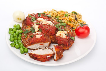 Chicken Parmesan with marinara sause on a plate on white background