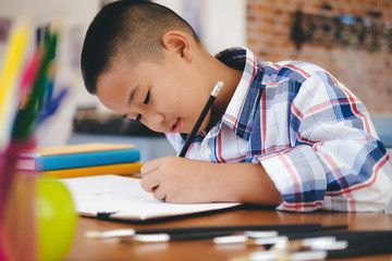 Child boy drawing picture at home.