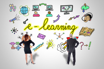 E-learning concept watched by business people