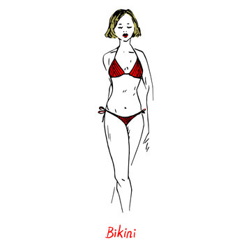 Portrait of sexy retro pin up girl in red bikini type of swimsuit with inscription, hand drawn outline doodle, sketch in pop art style, vector illustration