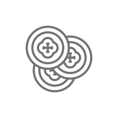 Gold coins, pirate treasure, doubloon line icon.