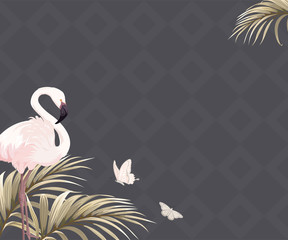 Background with flamingos and golden palm leaves