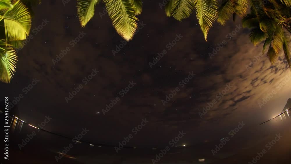 Poster magical static 360 degrees vr time lapse of milky way night with speeding clouds.lights in the surro