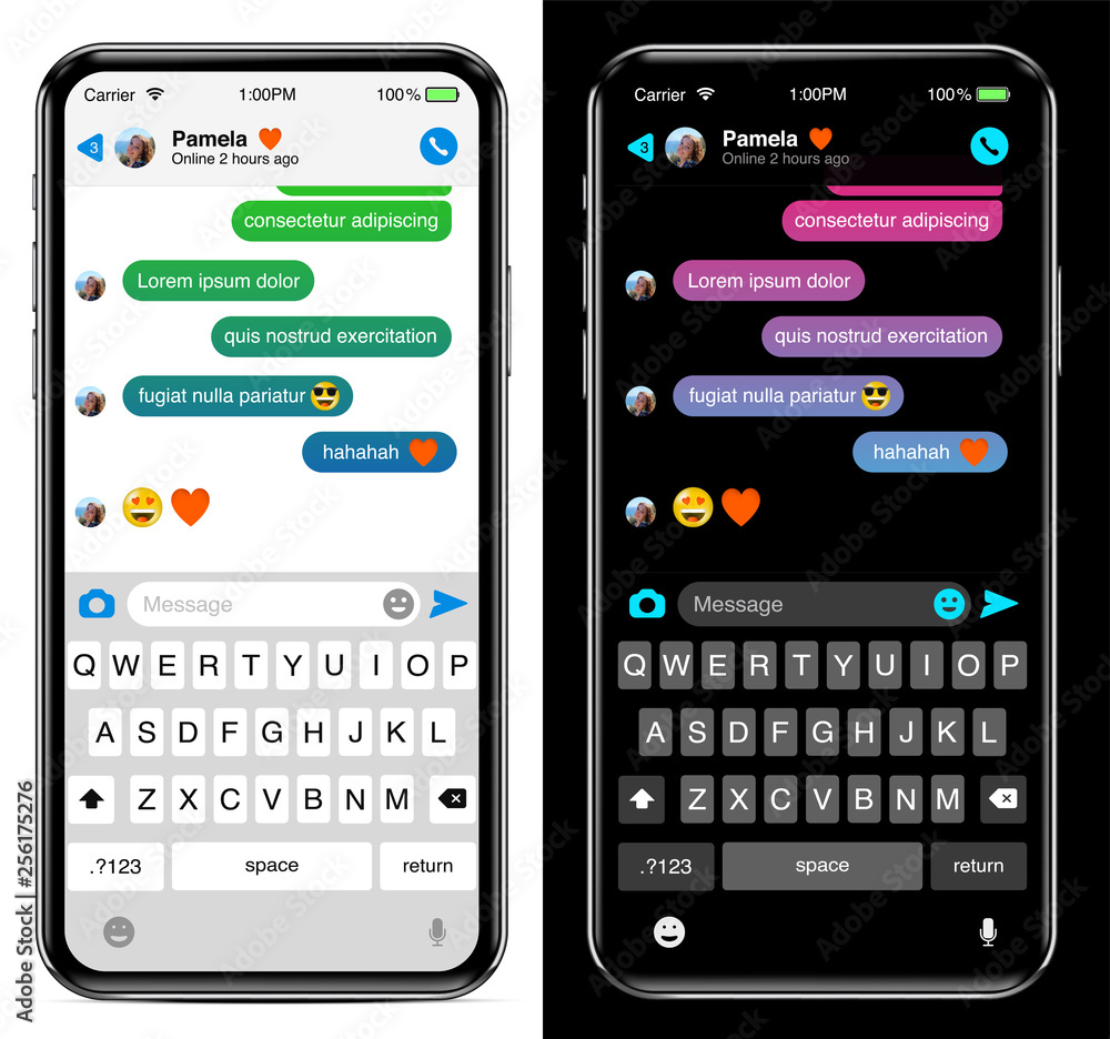 Poster chat sms internet communicator template on oled smartphone screen in dark mode. modern design frame 