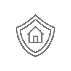 Home protection, shield with house, property insurance line icon.