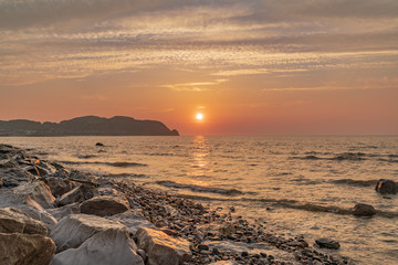 Obraz premium Sunset over the Welsh coast in Rhos-on-Sea, Conwy, Wales, UK