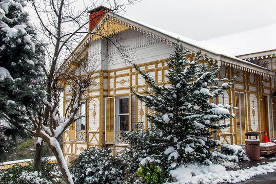 Istanbul, Turkey, 26 January 2010: Yellow pavilion and snow, Emirgan