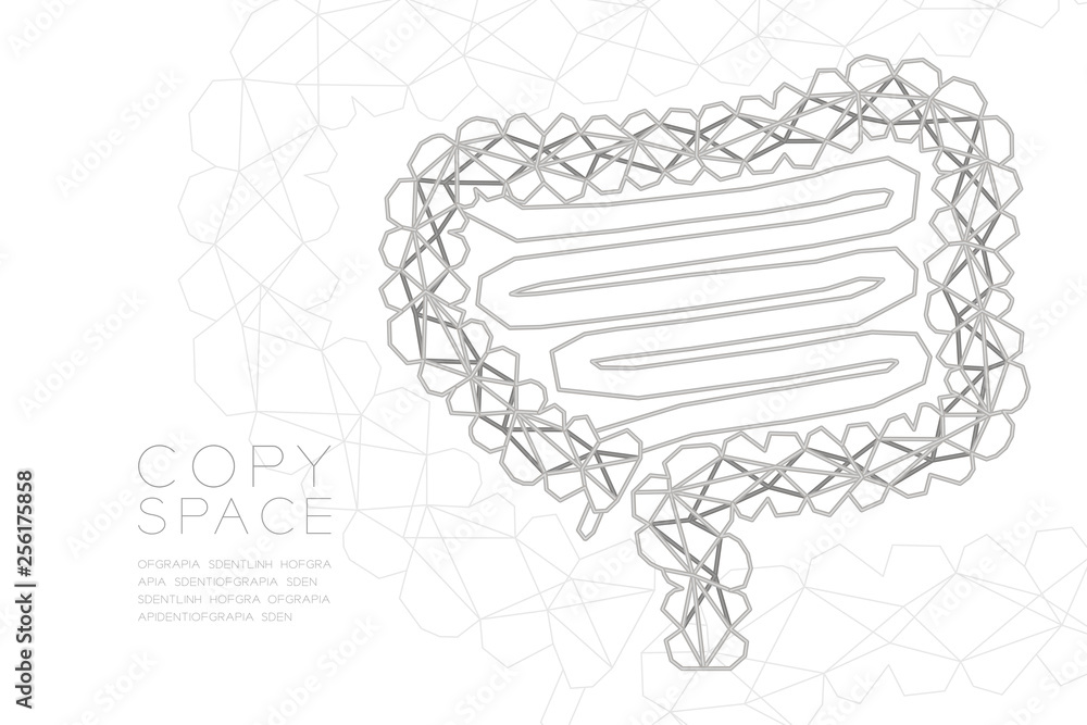 Poster intestine shape wireframe polygon silver frame structure, medical science organ concept design illus
