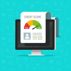 Credit score online report document on computer screen, flat cartoon digital good history ranking loan record on pc display, modern icon isolated clipart