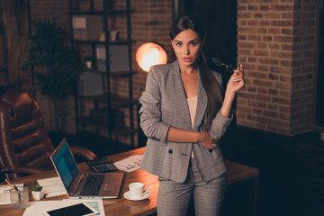 Close up photo beautiful she her business lady long hair chief friendly self-confident little...