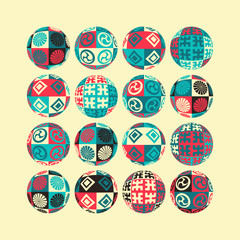 ethnic patterns spheres collection in red blue ivory black