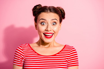Close up photo funky beautiful she her lady pretty hairdo two buns not believe such luck eyes big...