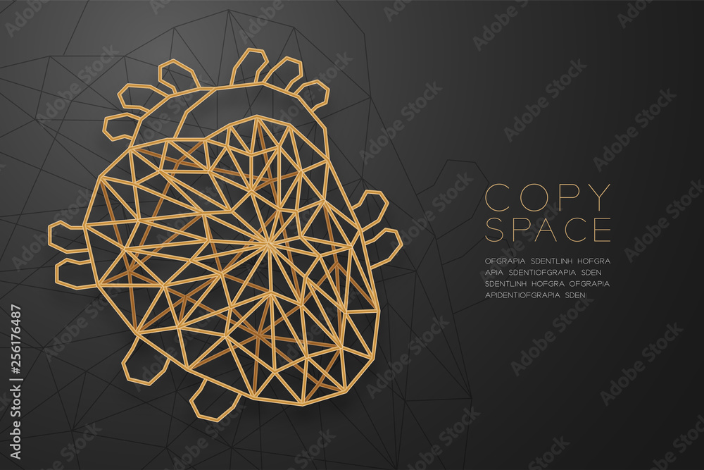 Poster heart shape wireframe polygon golden frame structure, medical science organ concept design illustrat