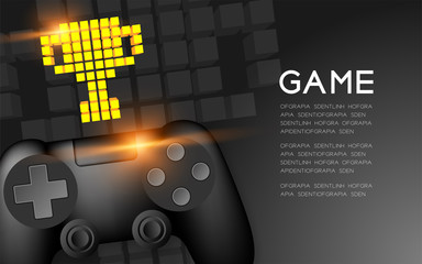 Gamepad or joypad black color with Gold Trophy Cup pixel icon, Game winner concept design illustration isolated on black gradients background, with copy space © paitoonpati