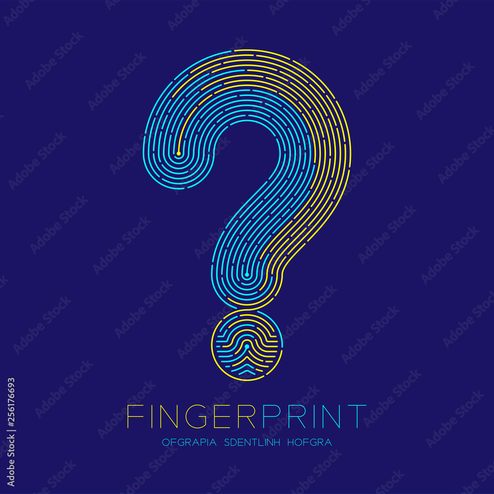 Poster question mark sign pattern fingerprint scan logo icon dash line, doubt concept, editable stroke illu