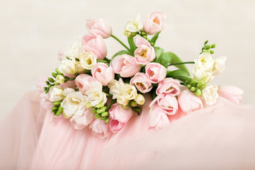 Fototapeta na wymiar wedding beautiful bouquet of pink tulips. copy space