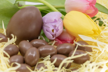 Pâques aux couleurs douces et pastel avec des oeufs en chocolat et des tulipes