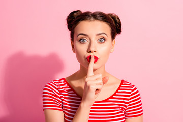Close up photo beautiful she her lady pretty buns bright pomade lipstick arm hand finger lips...