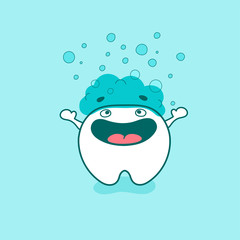 Tooth cute happy character with toothpaste and leaves of mint. Vector illustration in cartoon style.