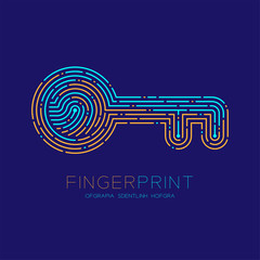Key shape pattern Fingerprint scan logo icon dash line, Security privacy concept, Editable stroke illustration blue and orange isolated on blue background with Fingerprint text and space, vector