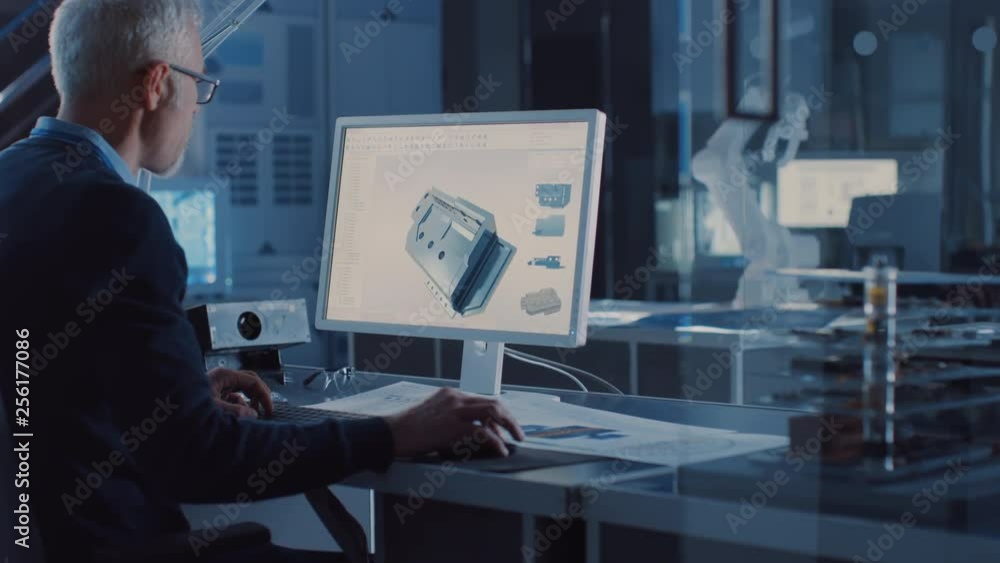 Poster professional heavy industry engineer works on computer uses cad software to design industrial machin