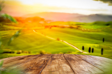 Desk of free space for your decoration and spring landscape of tuscany 