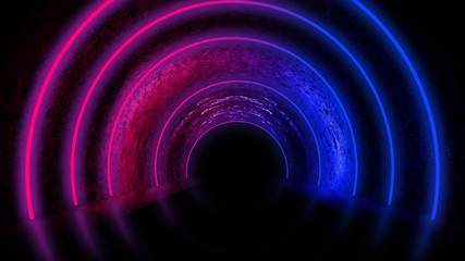 Background of an empty dark room with a concrete floor, multicolored neon circles in the center, neon light and multi-colored smoke.  Night view, round tunnel, corridor. Abstract light.