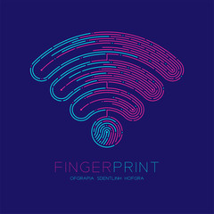 Wifi symbol pattern Fingerprint logo icon dash line, Internet wireless connect concept, Editable stroke illustration blue and pink isolated on blue background with Fingerprint text and space, vector