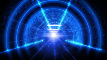 Background of an empty dark room with a concrete floor, multicolored neon circles in the center, neon light and multi-colored smoke.  Night view, round tunnel, corridor. Abstract light.