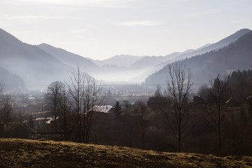 Fototapeta na wymiar Landscape in the Hutsul mountain village in the morning .