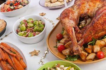 Christmas Dinner Table with stuffed roasted Turkey