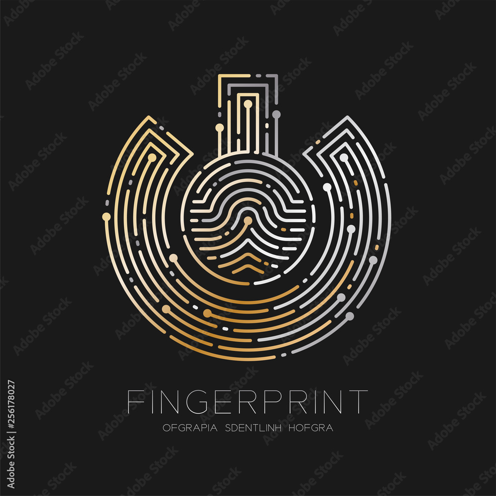 Poster power sign fingerprint scan pattern logo dash line, digital technology connect concept, illustration
