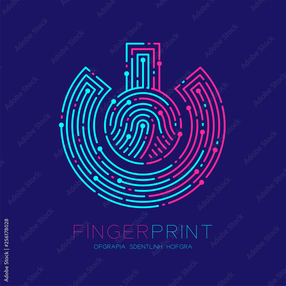 Poster power sign fingerprint scan pattern logo dash line, digital technology connect concept, editable str