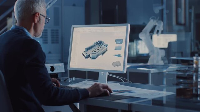 Professional Heavy Industry Engineer Works on Computer Uses CAD Software to Design 3D Industrial Machinery Component