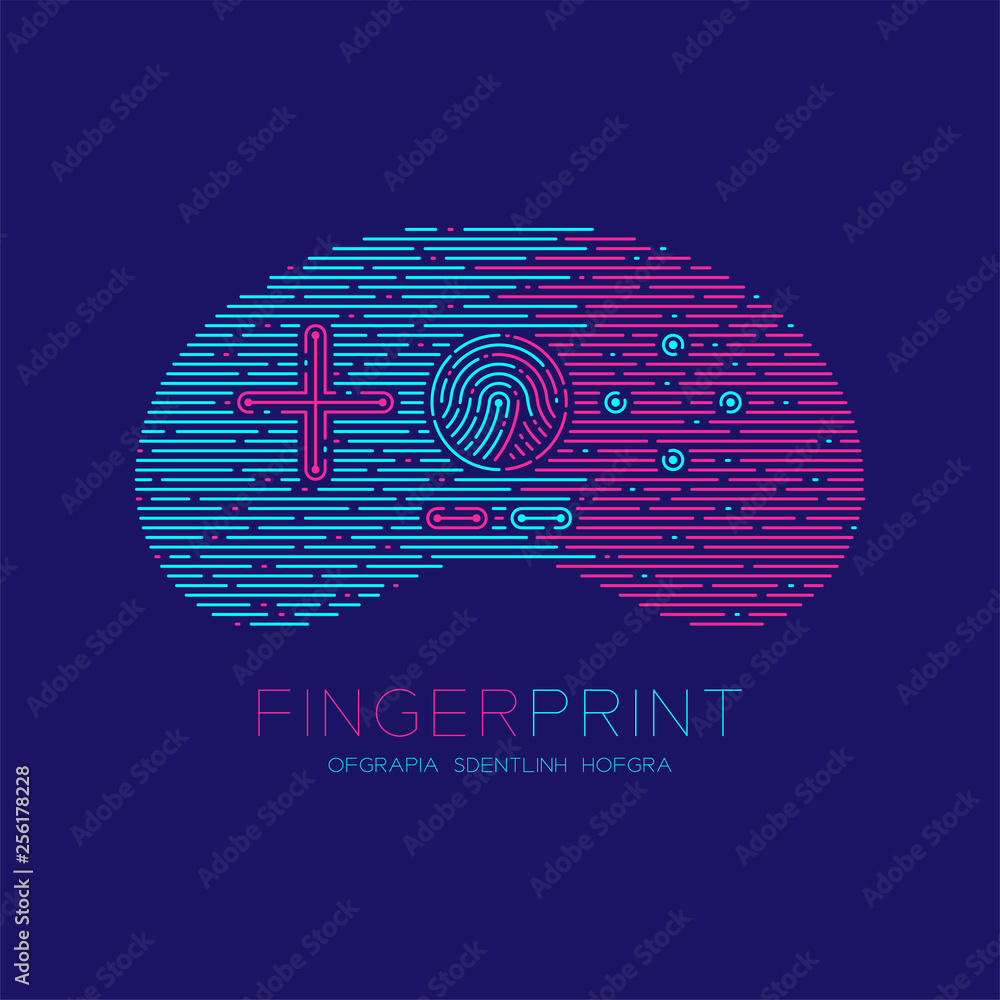 Aufkleber retro gamepad or joypad shape fingerprint scan pattern logo dash line, digital online game concept, 