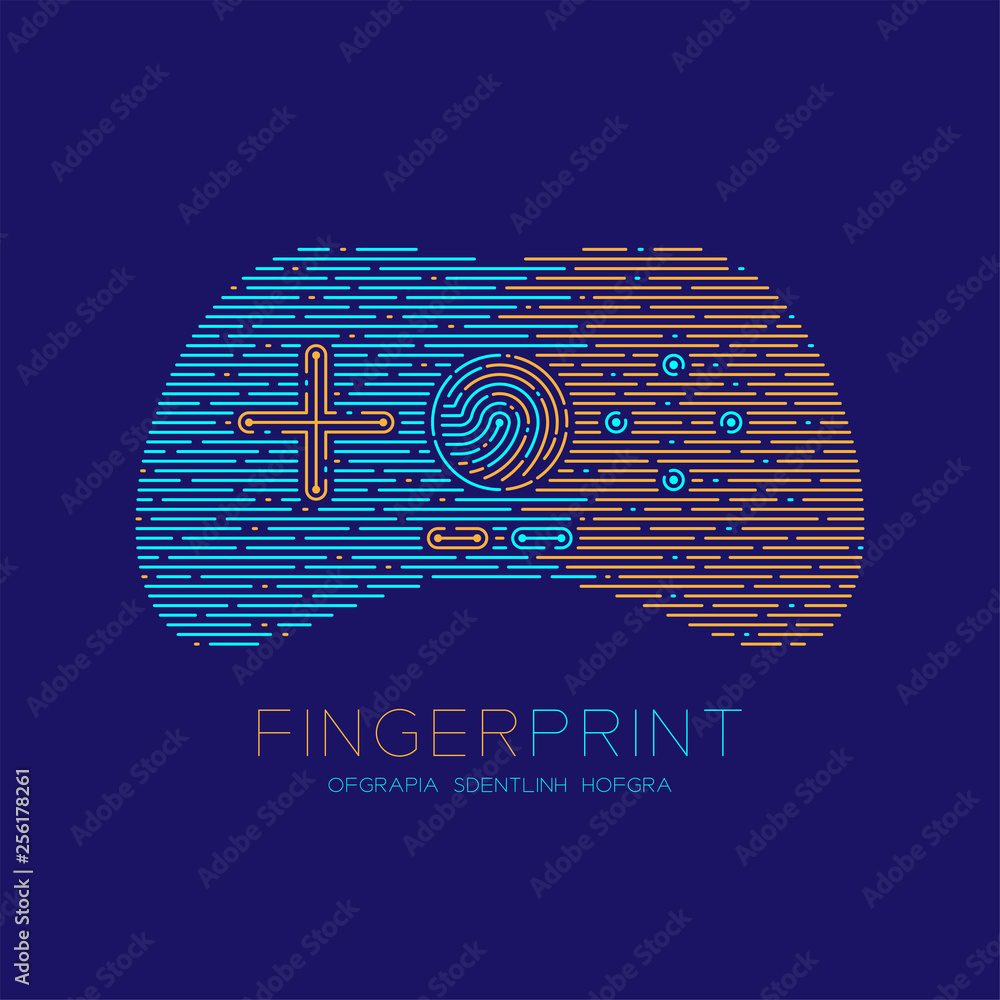 Aufkleber retro gamepad or joypad shape fingerprint scan pattern logo dash line, digital online game concept, 