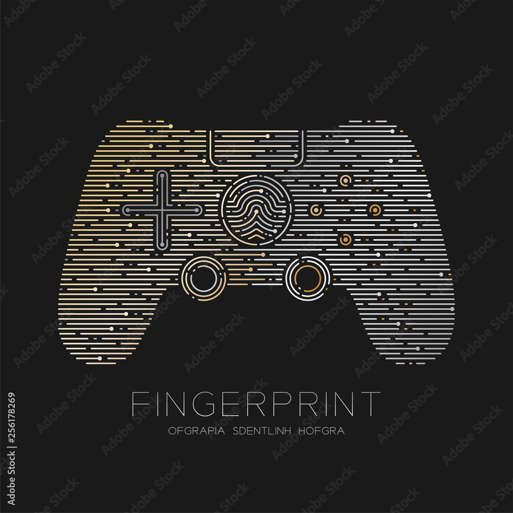 Poster gamepad or joypad shape fingerprint scan pattern logo dash line, digital online game concept, editab
