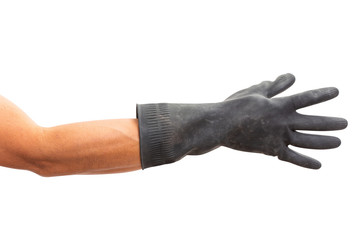 Man hand with black rubber glove. isolated on white background. clipping path