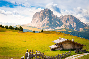 wooden chalet in a green valley with a rocky mountain in the background, dolomites national park, val gardena, south tyrol