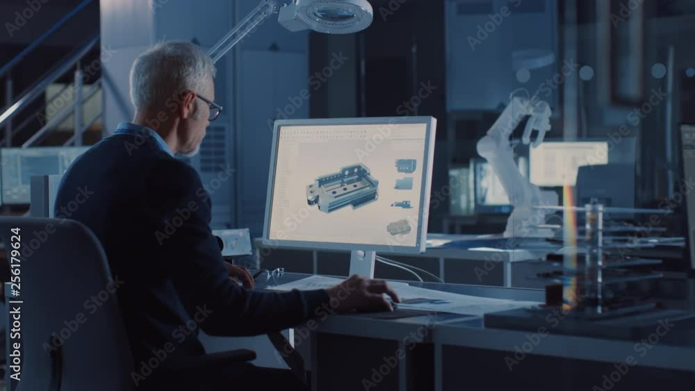 Leinwandbilder Engineer Works on Computer Uses CAD Software to Design 3D Industrial Machinery Component. In the Background Robot Arm Concept Standing in Heavy Industry Engineering Facility. Over the Shoulder Shot