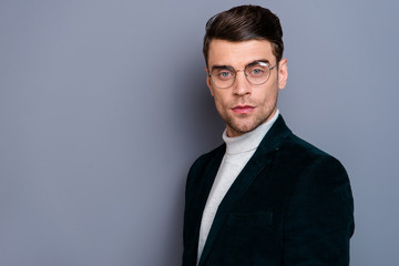Close-up view portrait of his he nice cute handsome attractive bearded candid calm guy wearing velveteen blazer thinking isolated over gray violet purple pastel background