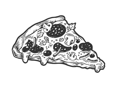 Slice of pizza sketch engraving vector illustration. Scratch board style imitation. Hand drawn image.