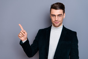 Portrait of his he nice cute handsome attractive bearded guy wearing velveteen blazer showing one forefinger aside up isolated over gray violet purple pastel background