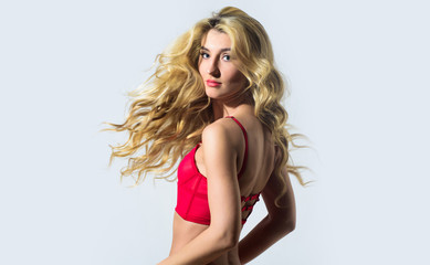 Fototapeta premium Hairdresser salon. Hair beauty of sensual girl. Fashion model with fit belly. Erotic lingerie. Perfect body shape. Sexy blond woman. Sexy woman with long curly hair. Brilliant hair after hairdresser