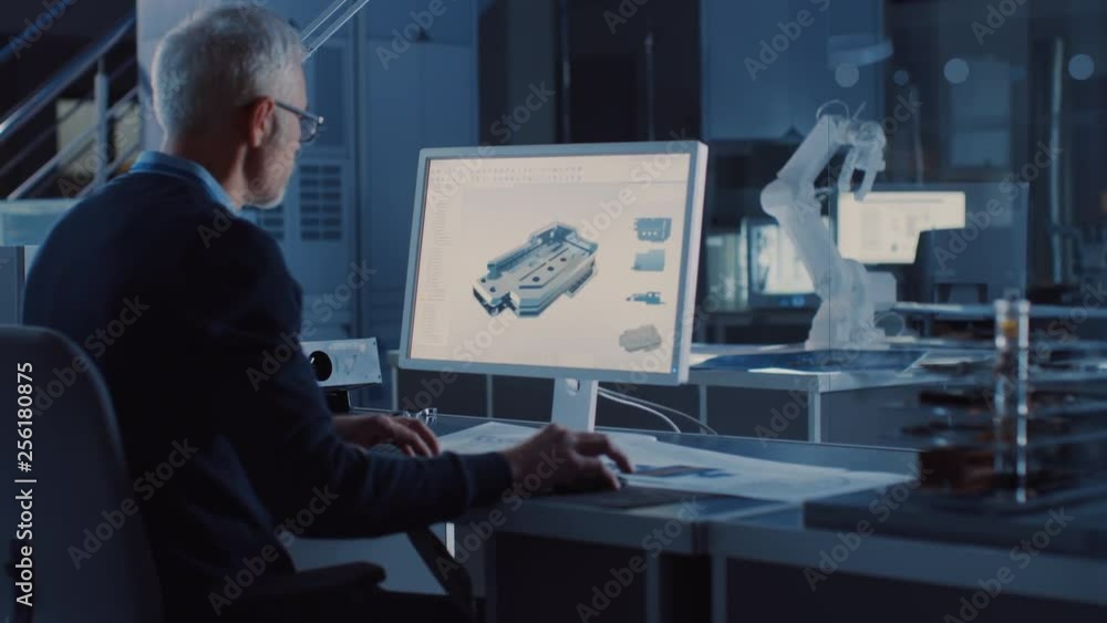 Leinwandbilder Engineer Works on Computer Uses CAD Software to Design 3D Industrial Machinery Component. In the Background Robot Arm Concept Standing in Heavy Industry Engineering Facility. Over the Shoulder Shot