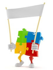 Jigsaw puzzle character holding blank banner